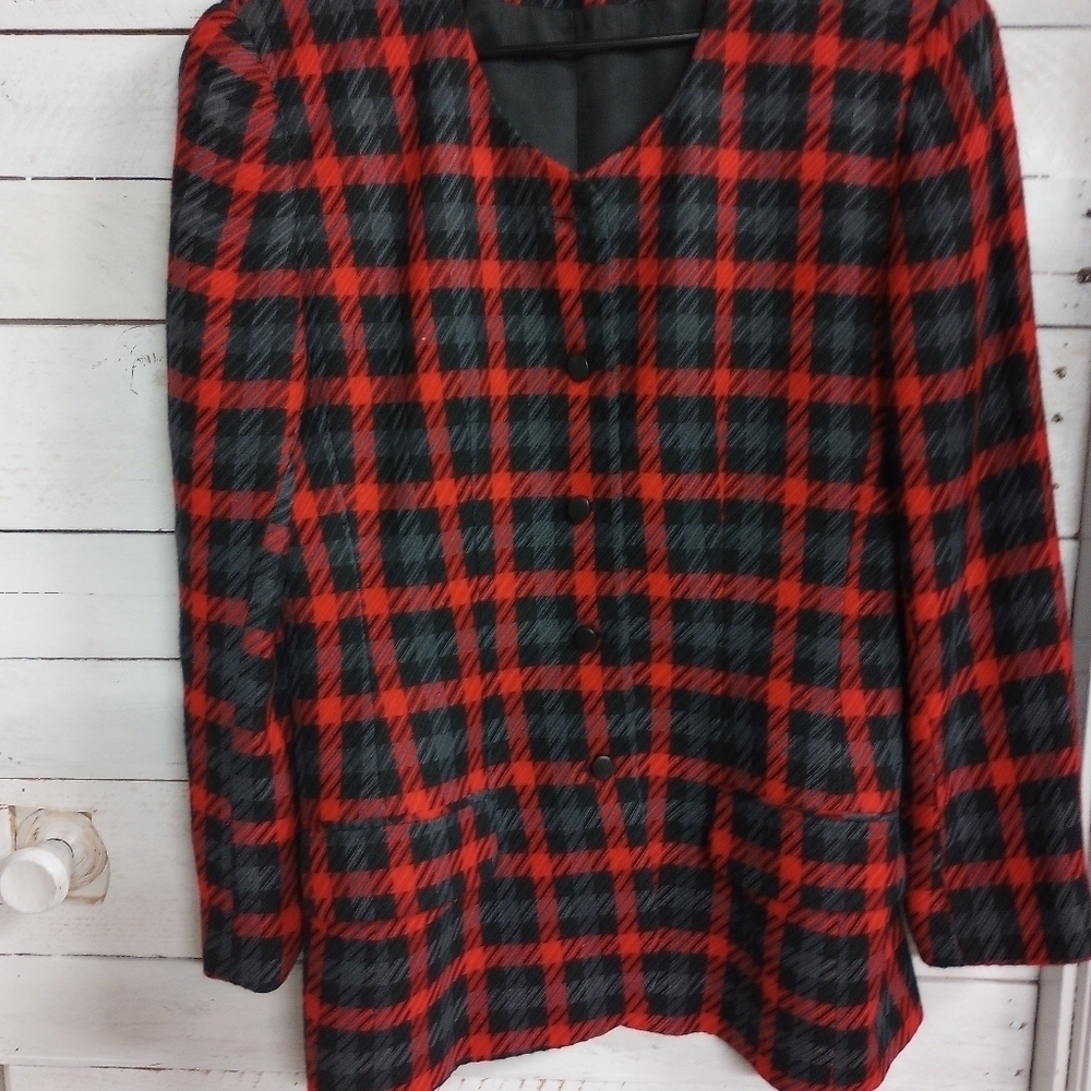 Cappagallo Vintage Red Plaid Wool Blend Blazer Jacket Size 8 with Shoulder Pads. - Picture 5 of 12